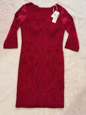 NWT Sue Wong Red Lace Midi Dress with Sheer Sleeves